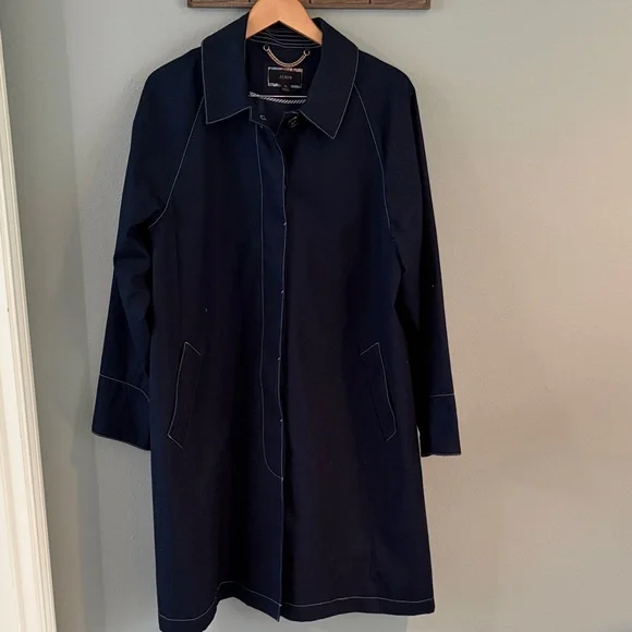 J Crew 100% Cotton  Navy Blue Trench Coat w/ contrasting white stitching size XL - Picture 2 of 7